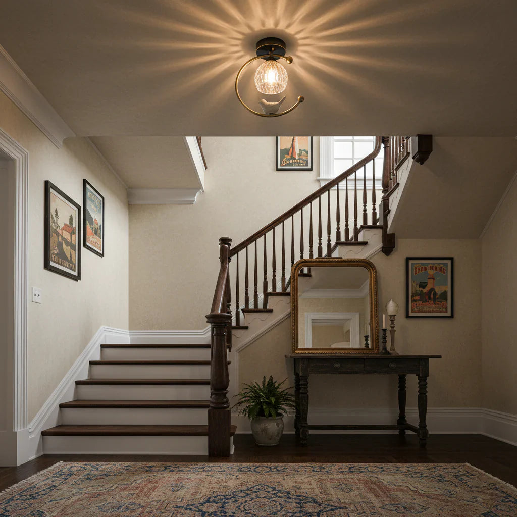 Modern Brass Ceiling Light with Ceramic Bird Accent | Narvyn