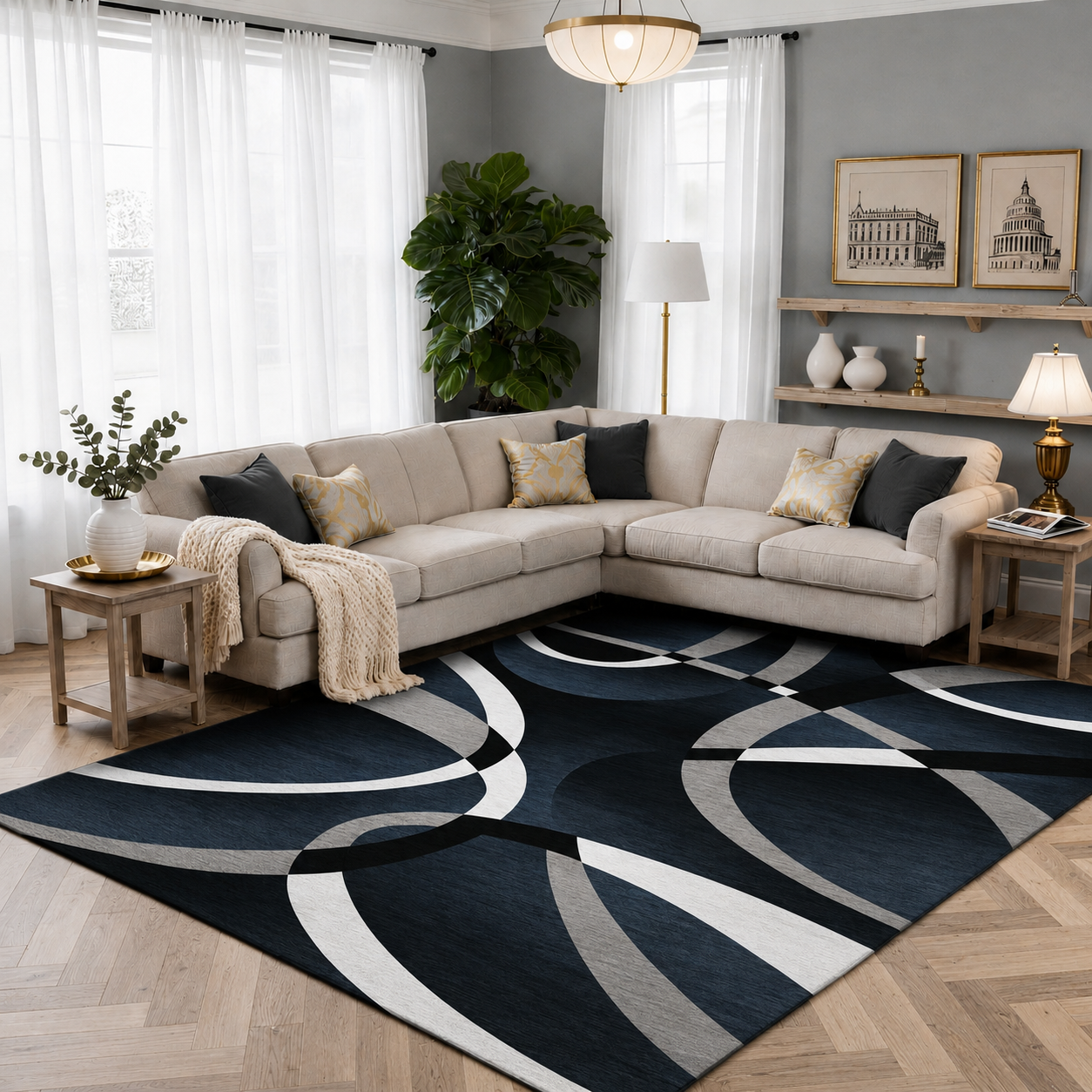 Modern Geometric Polyester Rug Rectangular Non Slip | Tervano
