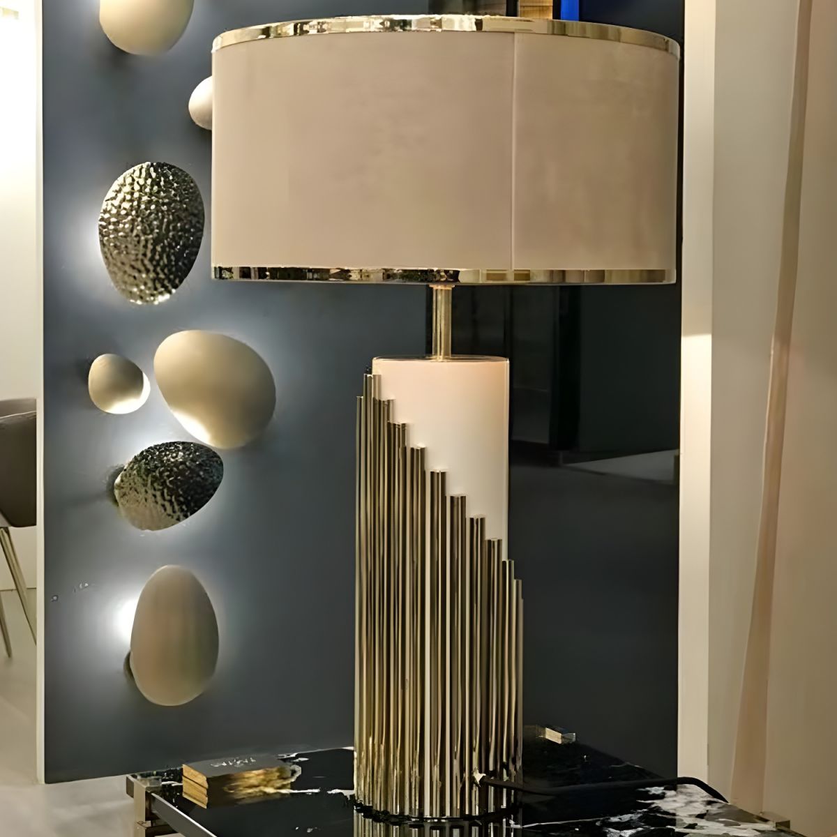 Modern Gold Table Lamp with Fabric Cylinder Shade | Luminara