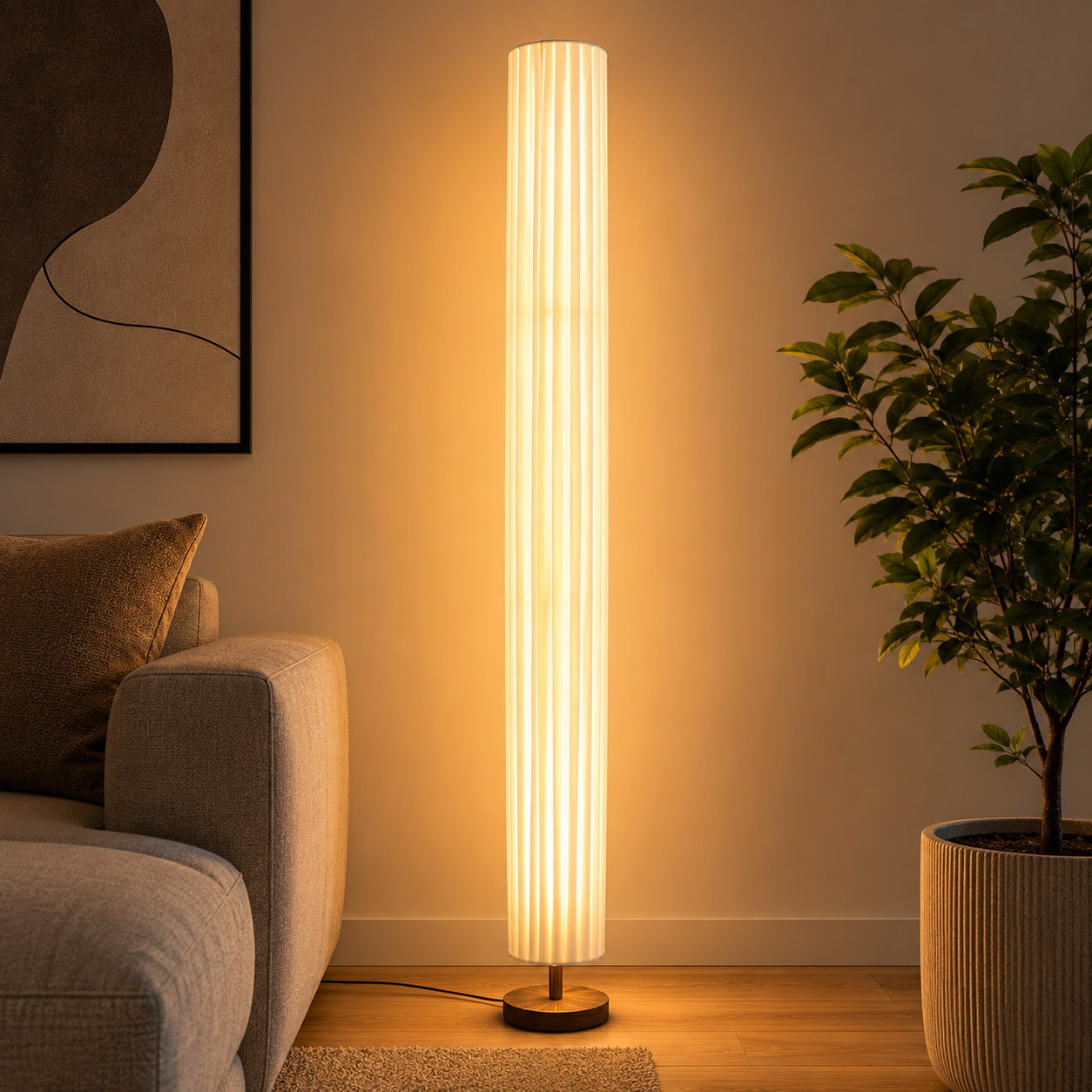 Modern LED Floor Lamp with Wood Column Fabric Shade | Calyron