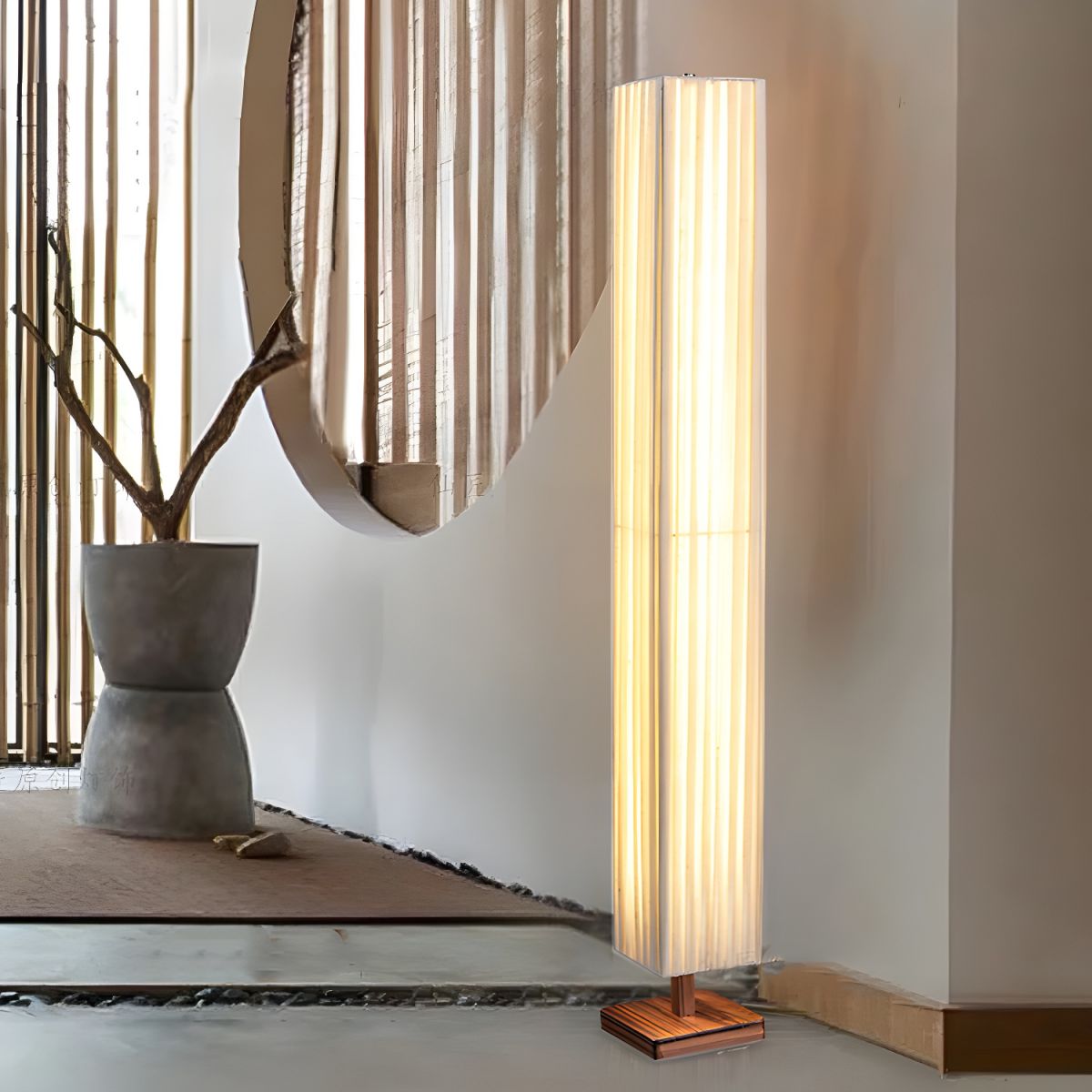 Modern LED Floor Lamp with Wood Column Fabric Shade | Calyron