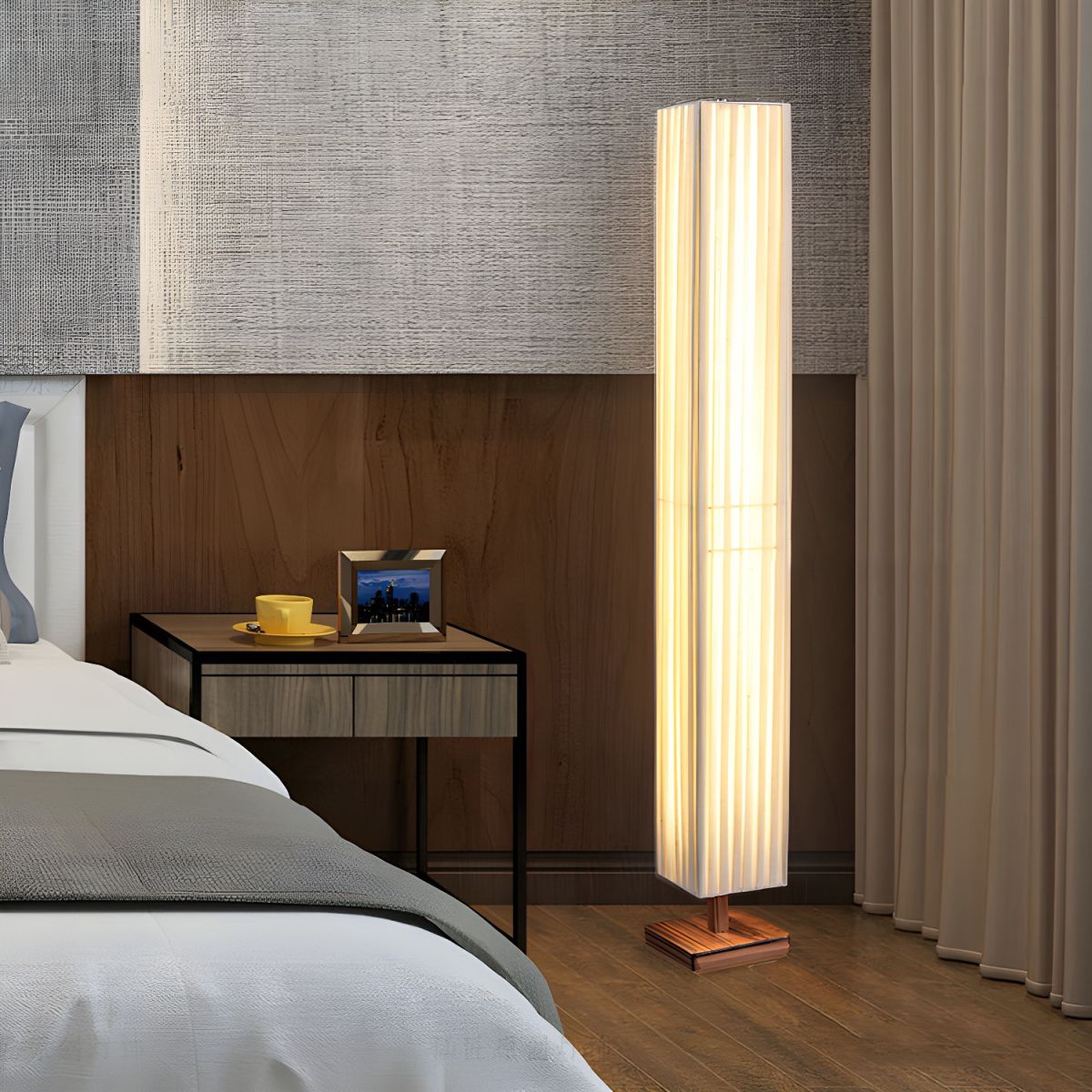 Modern LED Floor Lamp with Wood Column Fabric Shade | Calyron