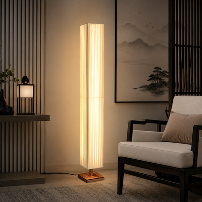Modern LED Floor Lamp with Wood Column Fabric Shade | Calyron