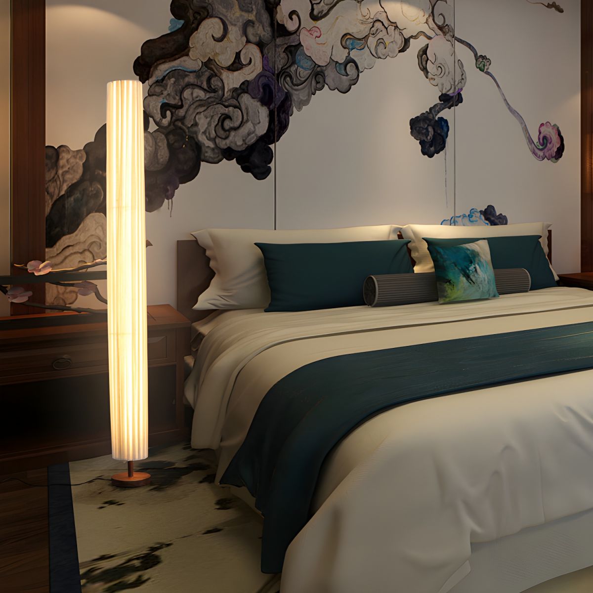 Modern LED Floor Lamp with Wood Column Fabric Shade | Calyron