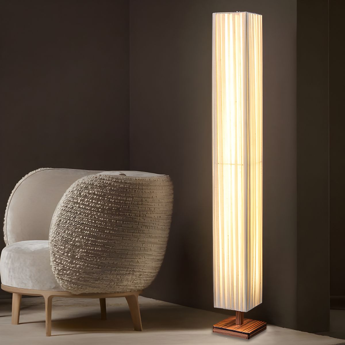 Modern LED Floor Lamp with Wood Column Fabric Shade | Calyron