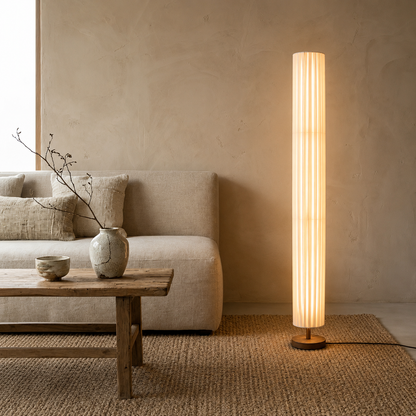 Modern LED Floor Lamp with Wood Column Fabric Shade | Calyron