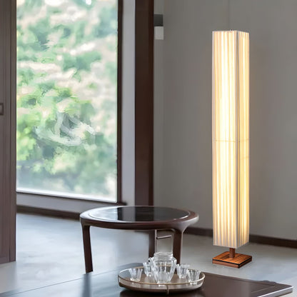 Modern LED Floor Lamp with Wood Column Fabric Shade | Calyron