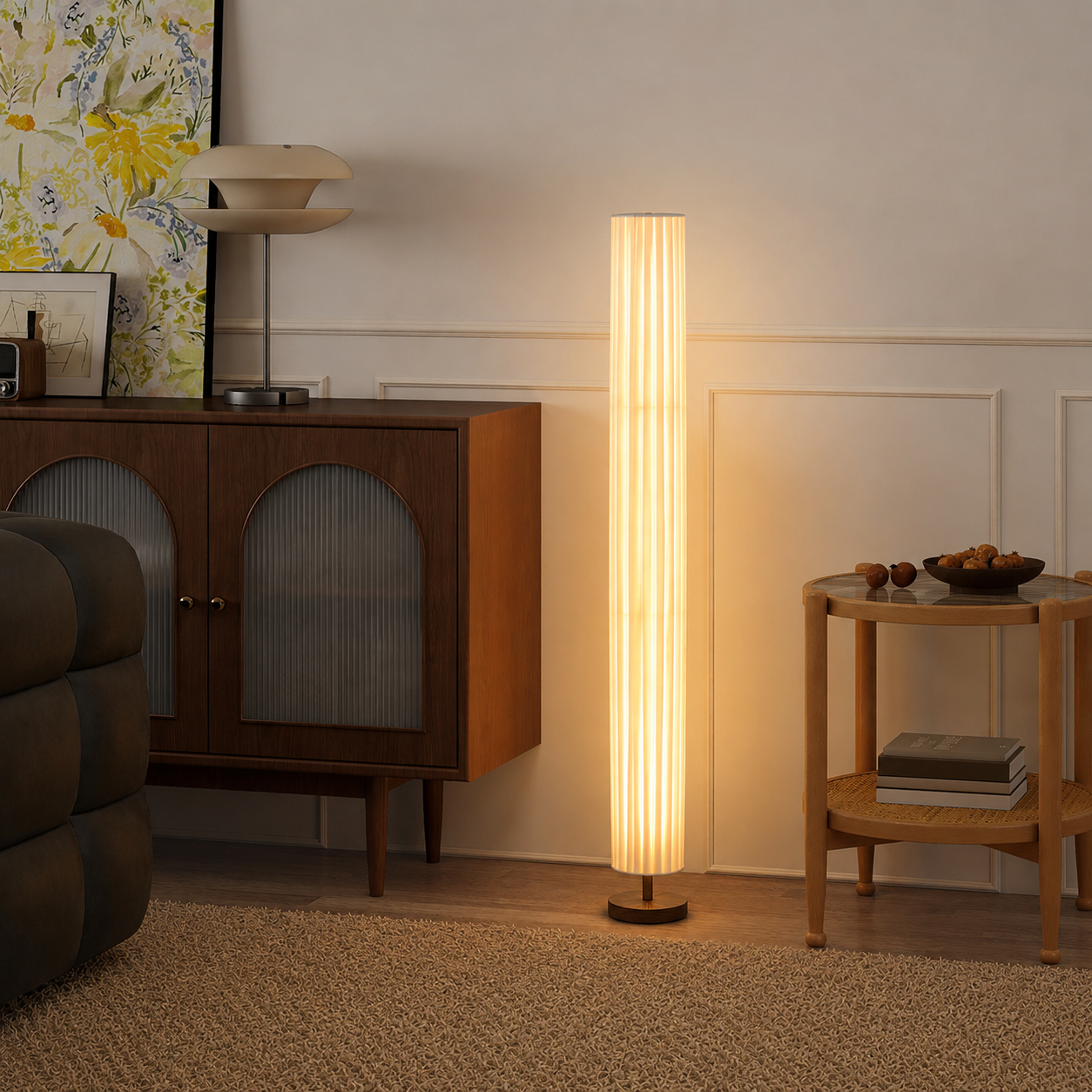 Modern LED Floor Lamp with Wood Column Fabric Shade | Calyron