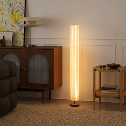 Modern LED Floor Lamp with Wood Column Fabric Shade | Calyron