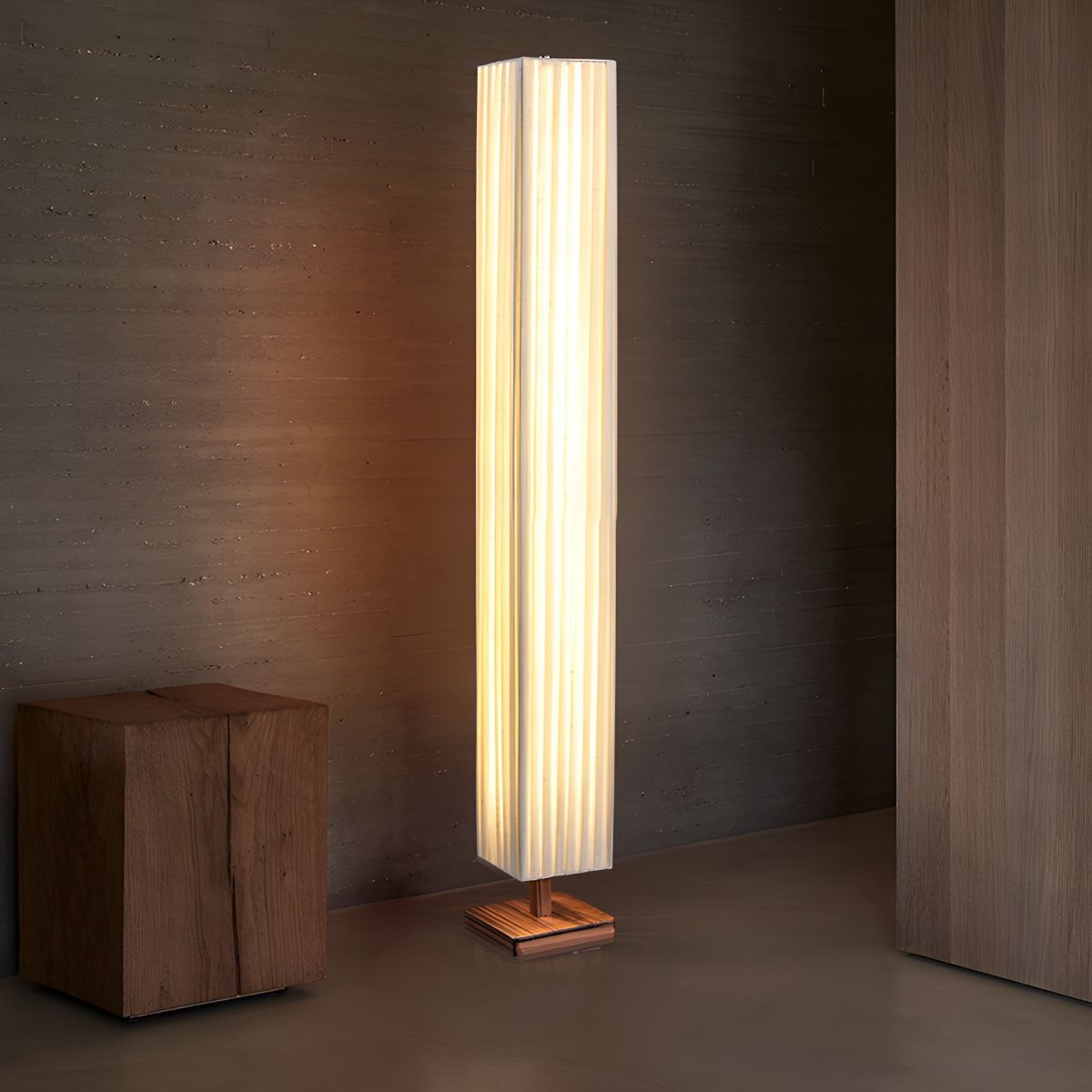Modern LED Floor Lamp with Wood Column Fabric Shade | Calyron