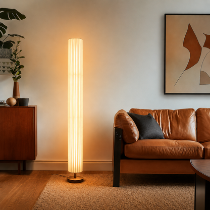Modern LED Floor Lamp with Wood Column Fabric Shade | Calyron