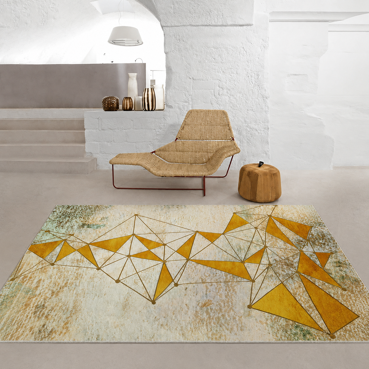 Modern Living Room Rug with Golden Geometric Design | Varelio