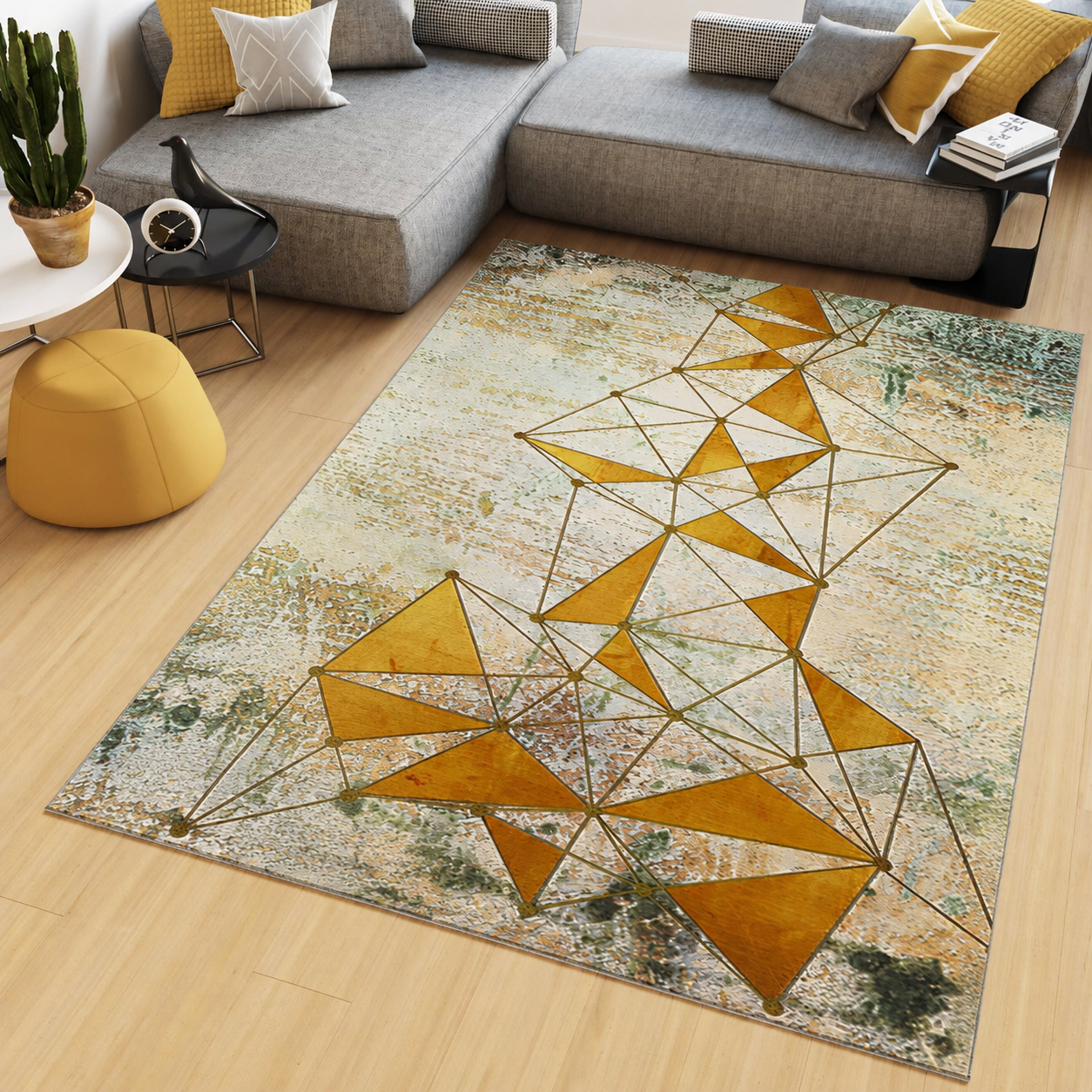 Modern Living Room Rug with Golden Geometric Design | Varelio