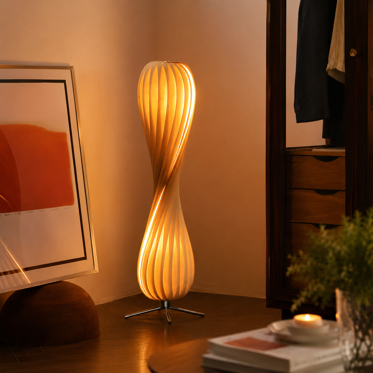 Modern Metal Floor Lamp With Wood Shade Linear Design | Cansora