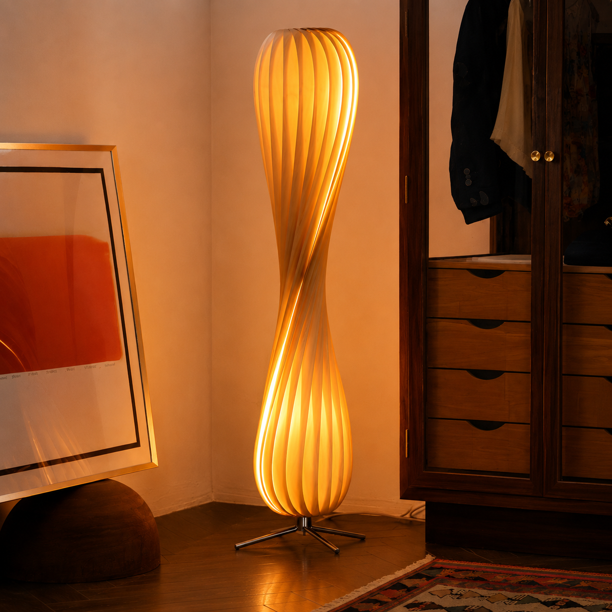 Modern Metal Floor Lamp With Wood Shade Linear Design | Cansora