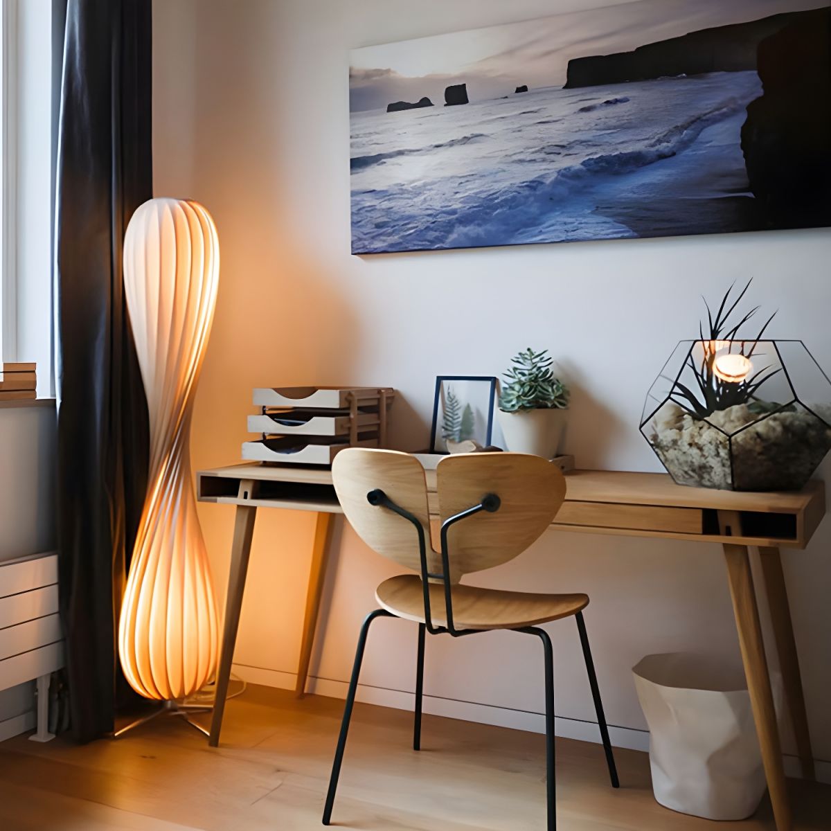Modern Metal Floor Lamp With Wood Shade Linear Design | Cansora