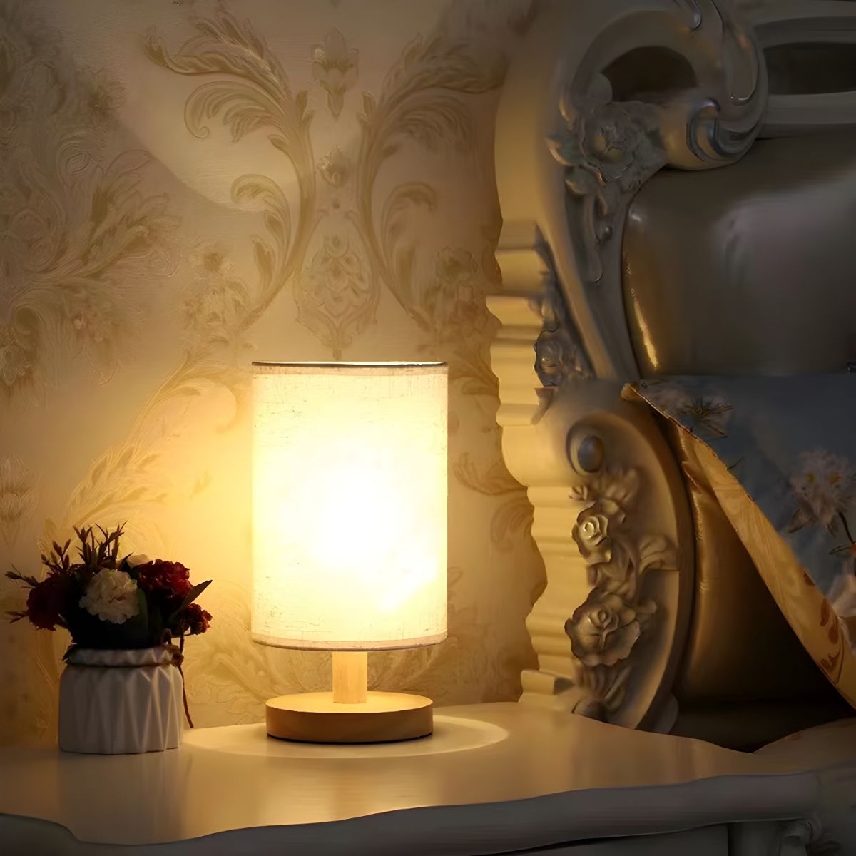 Modern Table Lamp with Solid Wood Base Fabric Shade | Quirdan