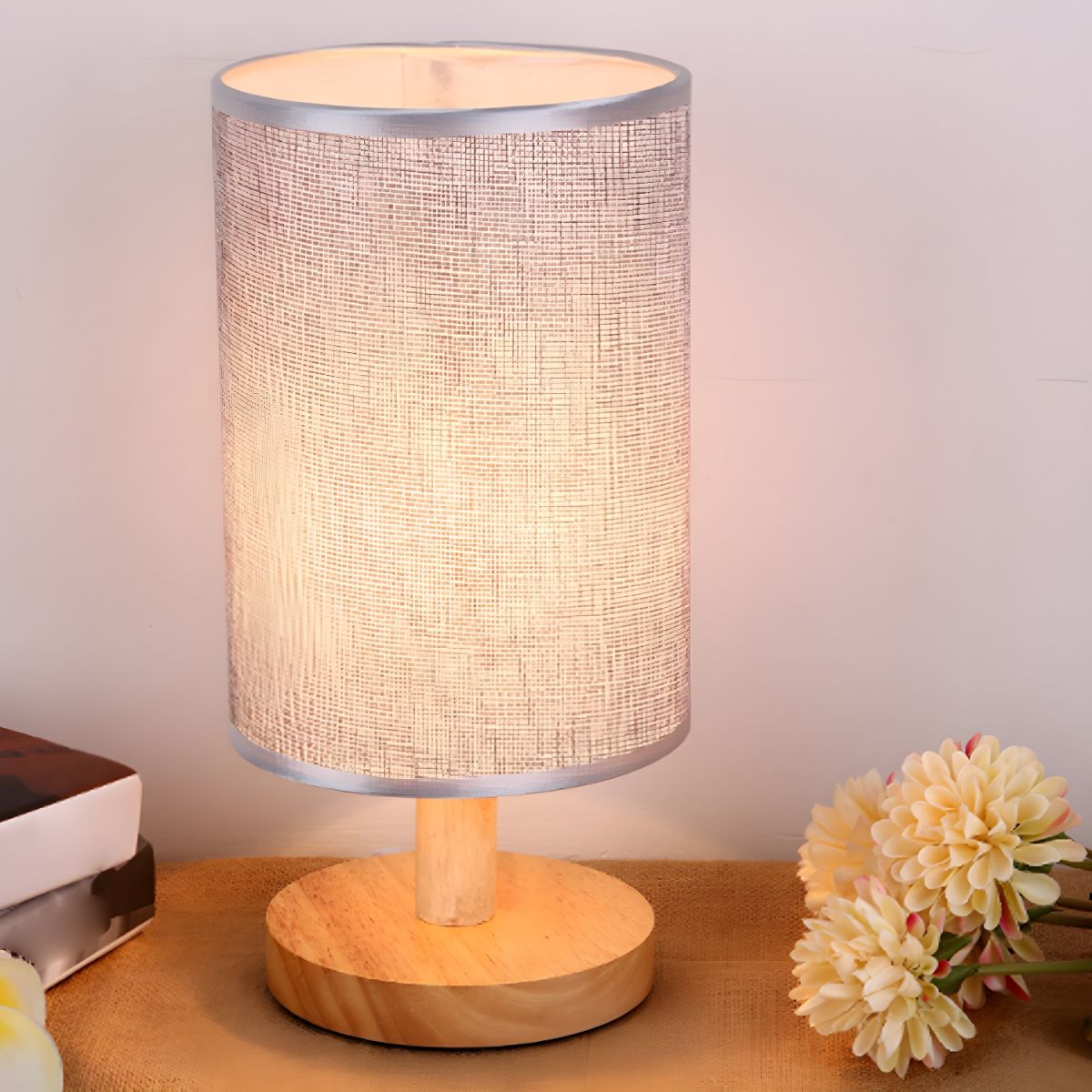 Modern Table Lamp with Solid Wood Base Fabric Shade | Quirdan