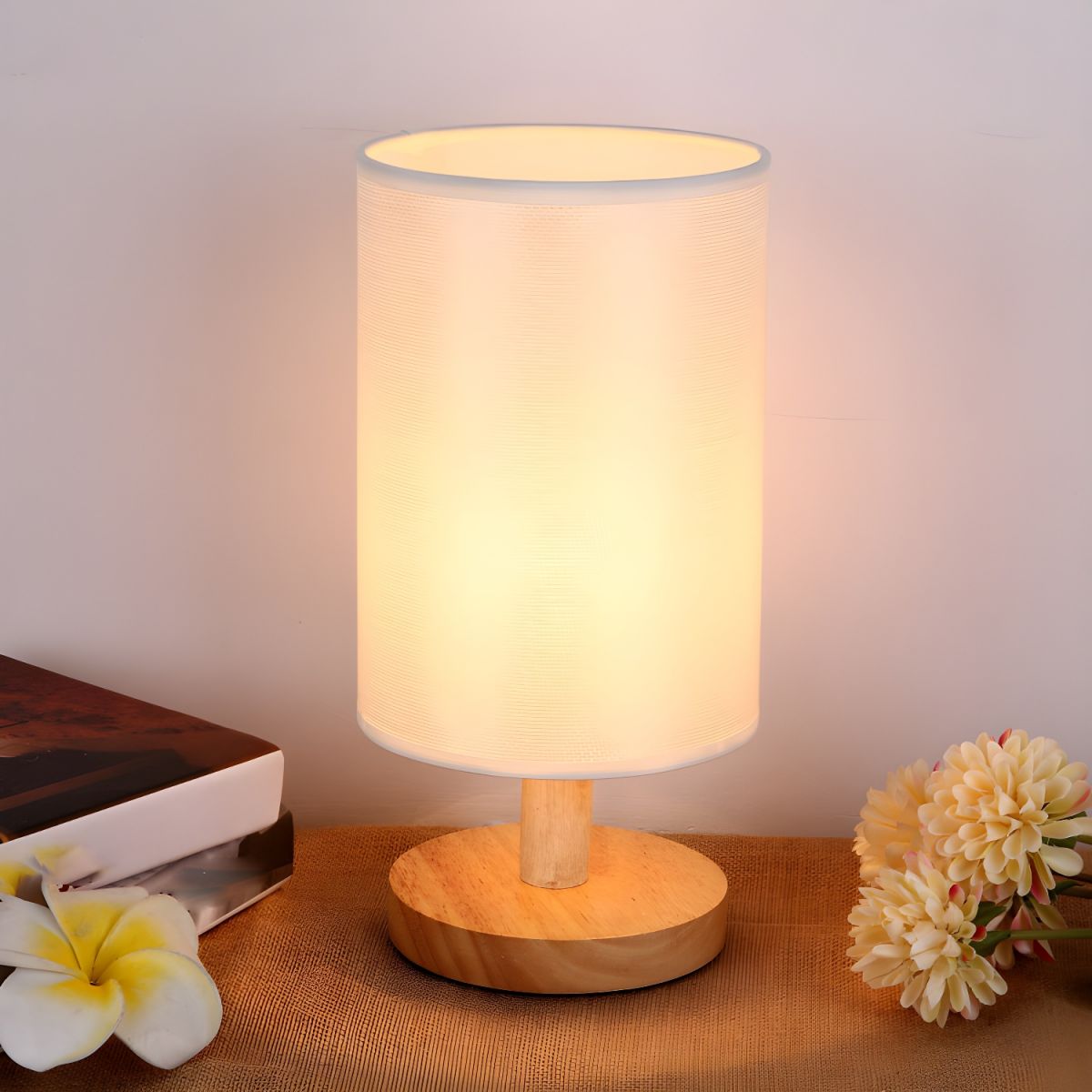 Modern Table Lamp with Solid Wood Base Fabric Shade | Quirdan