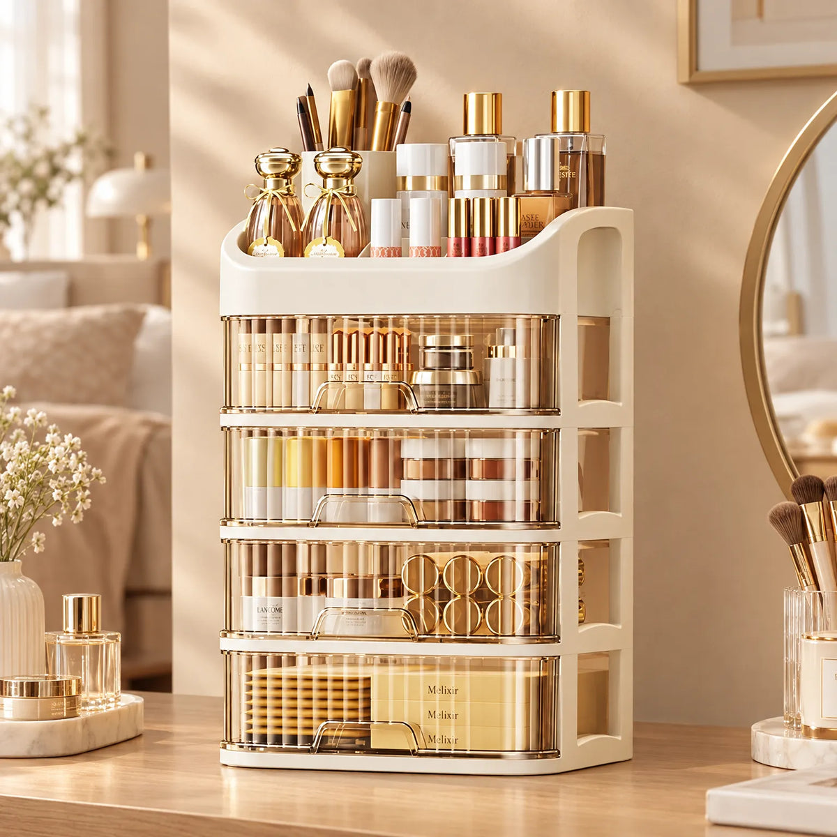 Multi-Tier Makeup Organizer with Drawers for Bathroom Counter