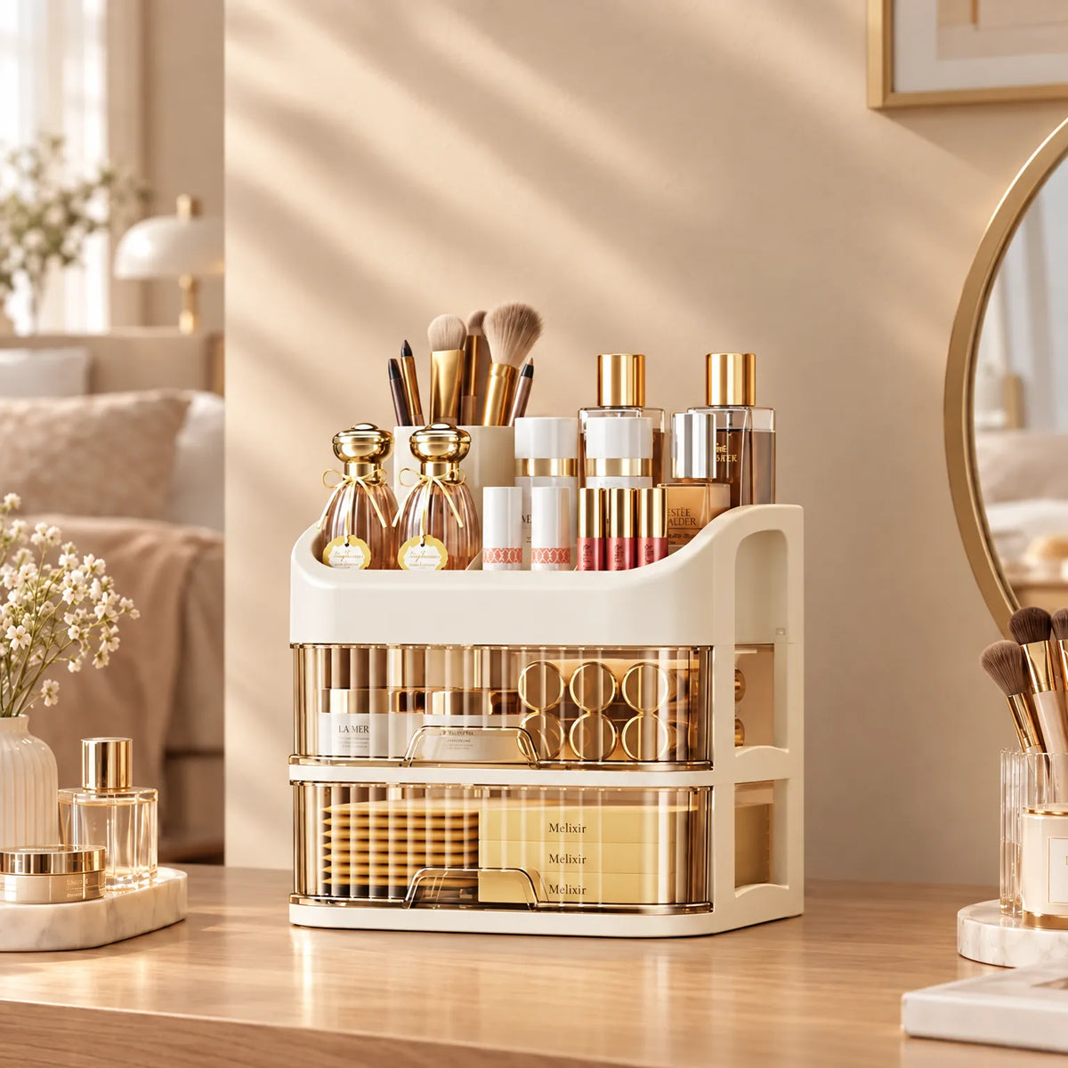 Multi-Tier Makeup Organizer with Drawers for Bathroom Counter