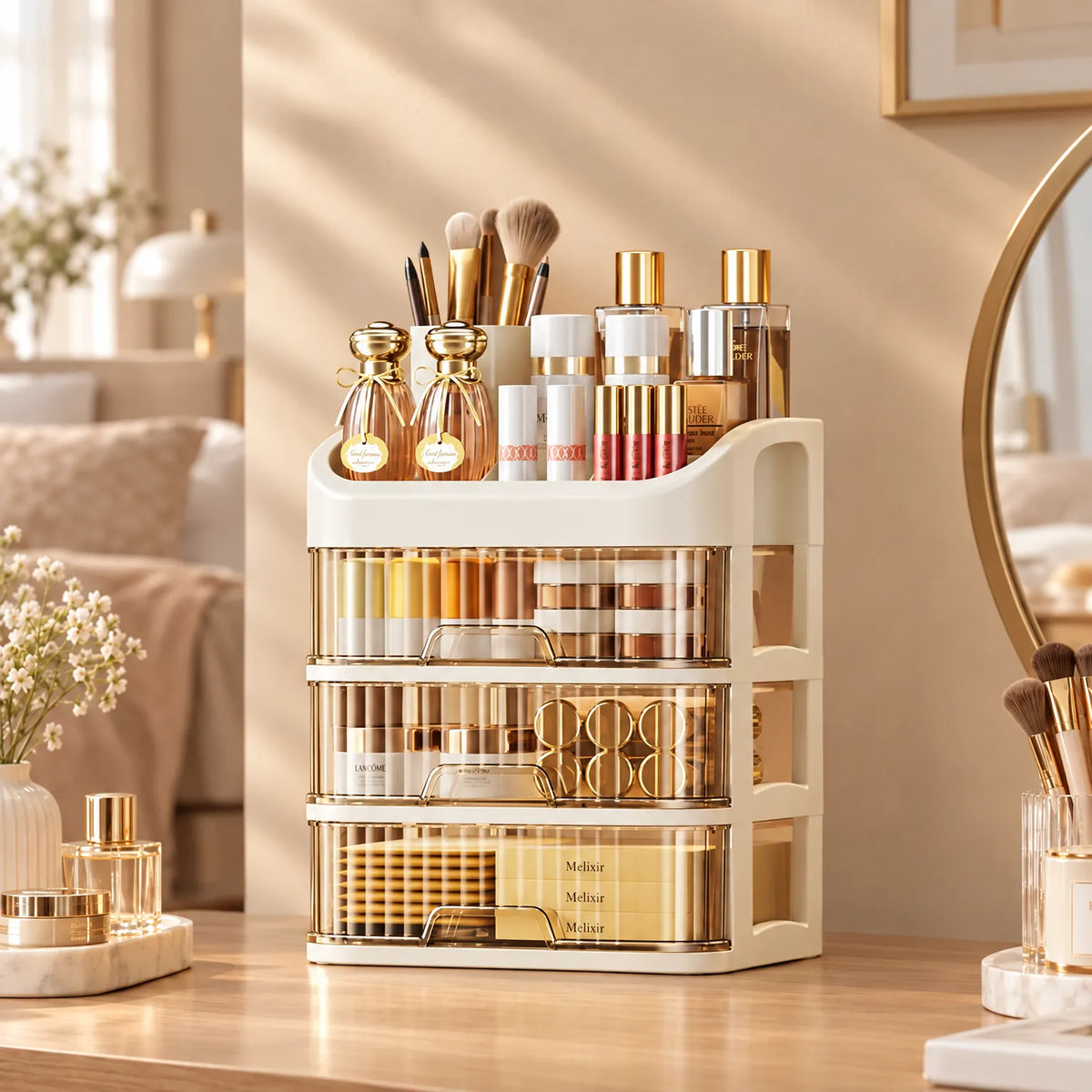 Multi-Tier Makeup Organizer with Drawers for Bathroom Counter