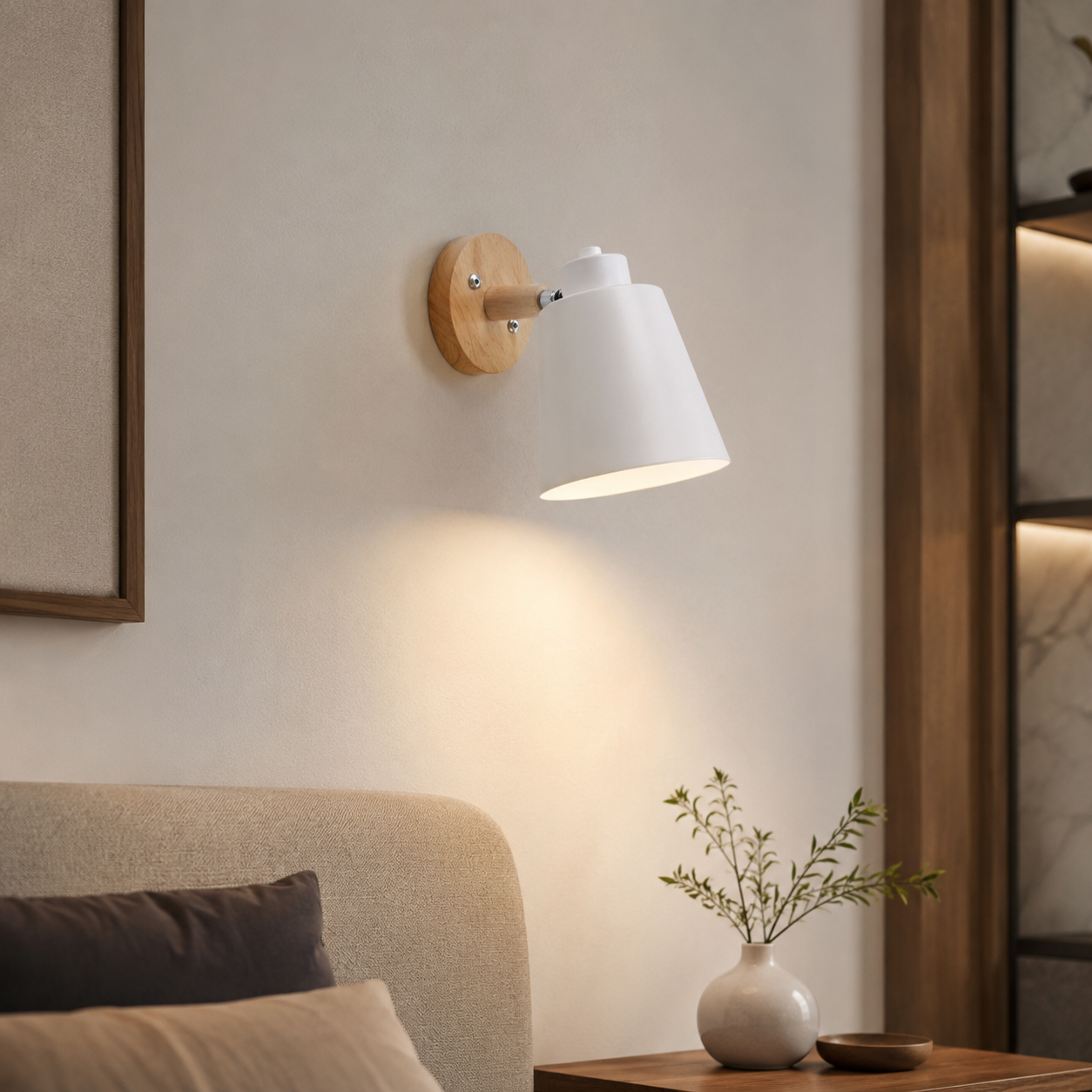 Nordic Adjustable Metal LED Wall Light with Wood Shade | Beamora