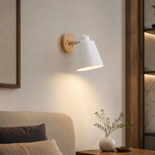 Nordic Adjustable Metal LED Wall Light with Wood Shade | Beamora