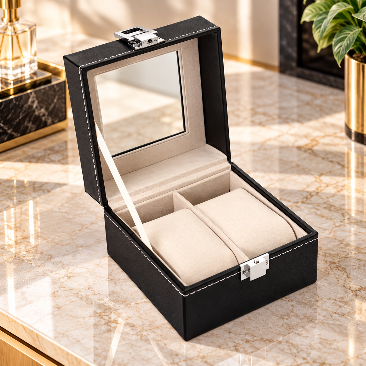 PU Leather Watch Display Box with Clear Lid