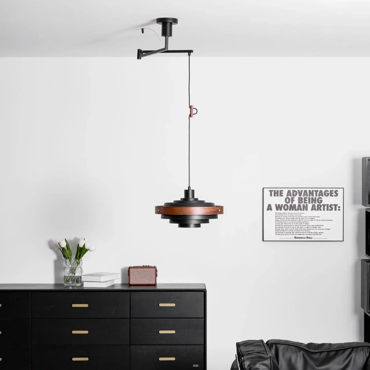 Pendant Light Swing Arm Wood Metal Industrial Design | Melorae