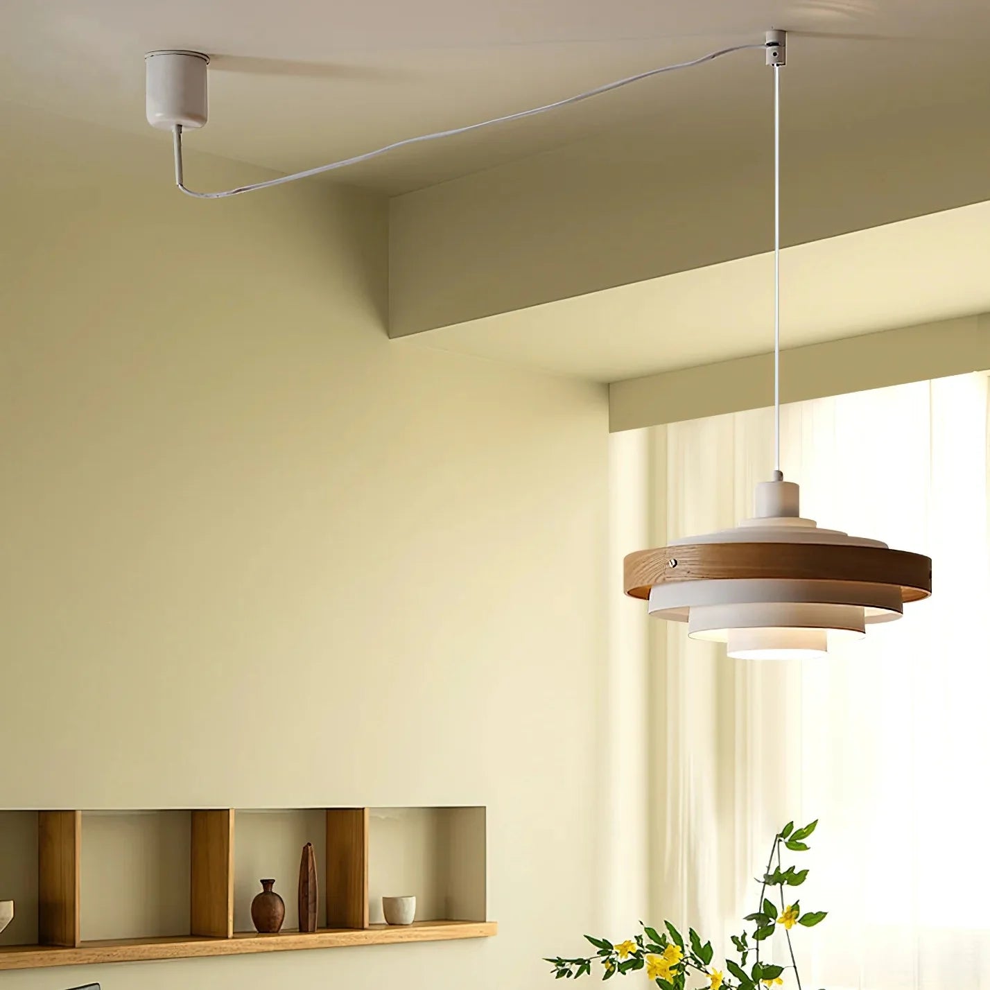 Pendant Light Swing Arm Wood Metal Industrial Design | Melorae