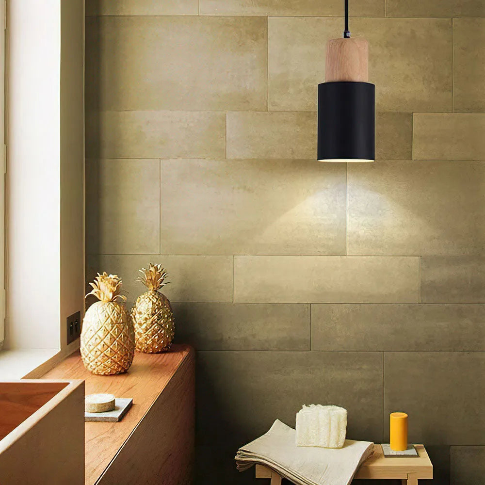 Pendant Light Wood Accent LED Nordic Cylinder Style | Delvara