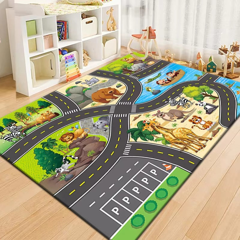 Play Mat Road Track Rug with Animal Design Print | Lantrix