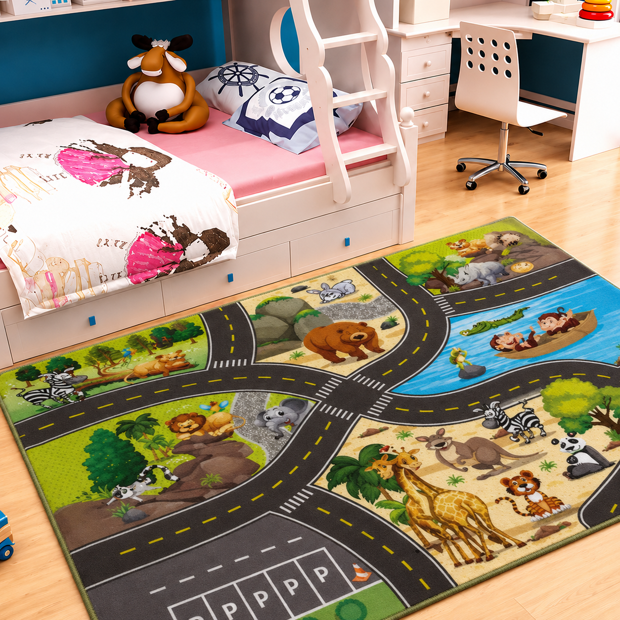 Play Mat Road Track Rug with Animal Design Print | Lantrix