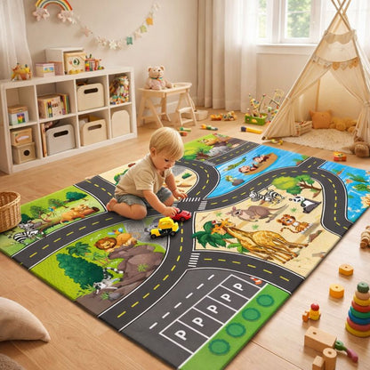 Play Mat Road Track Rug with Animal Design Print | Lantrix