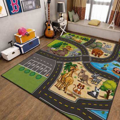 Play Mat Road Track Rug with Animal Design Print | Lantrix