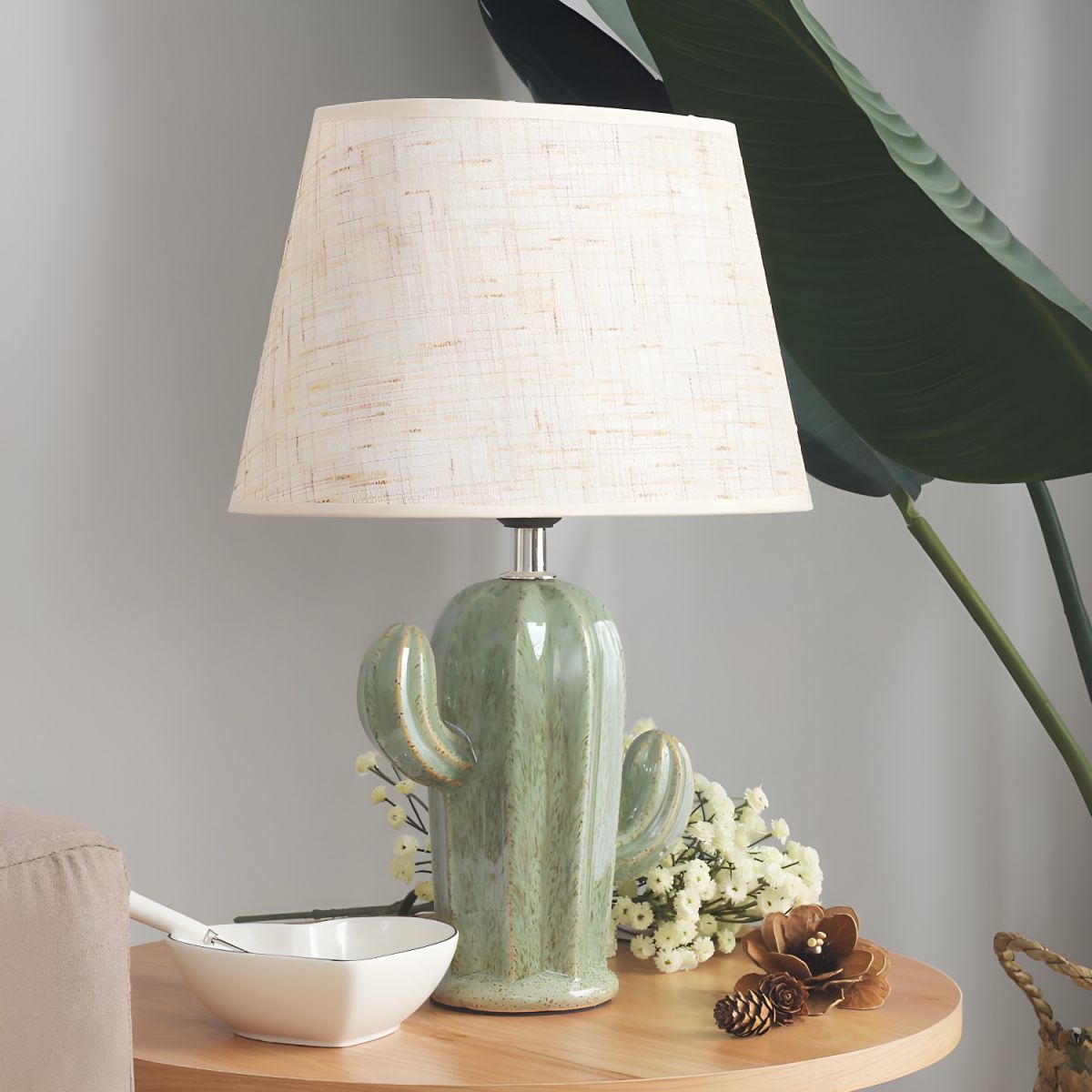 Porcelain Cactus Table Lamp with Fabric Shade Nordic Style | Lomivar