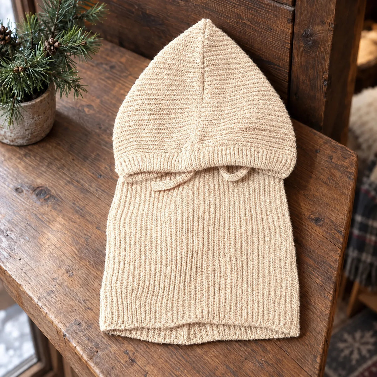 Ribbed Knit Hooded Balaclava Hat