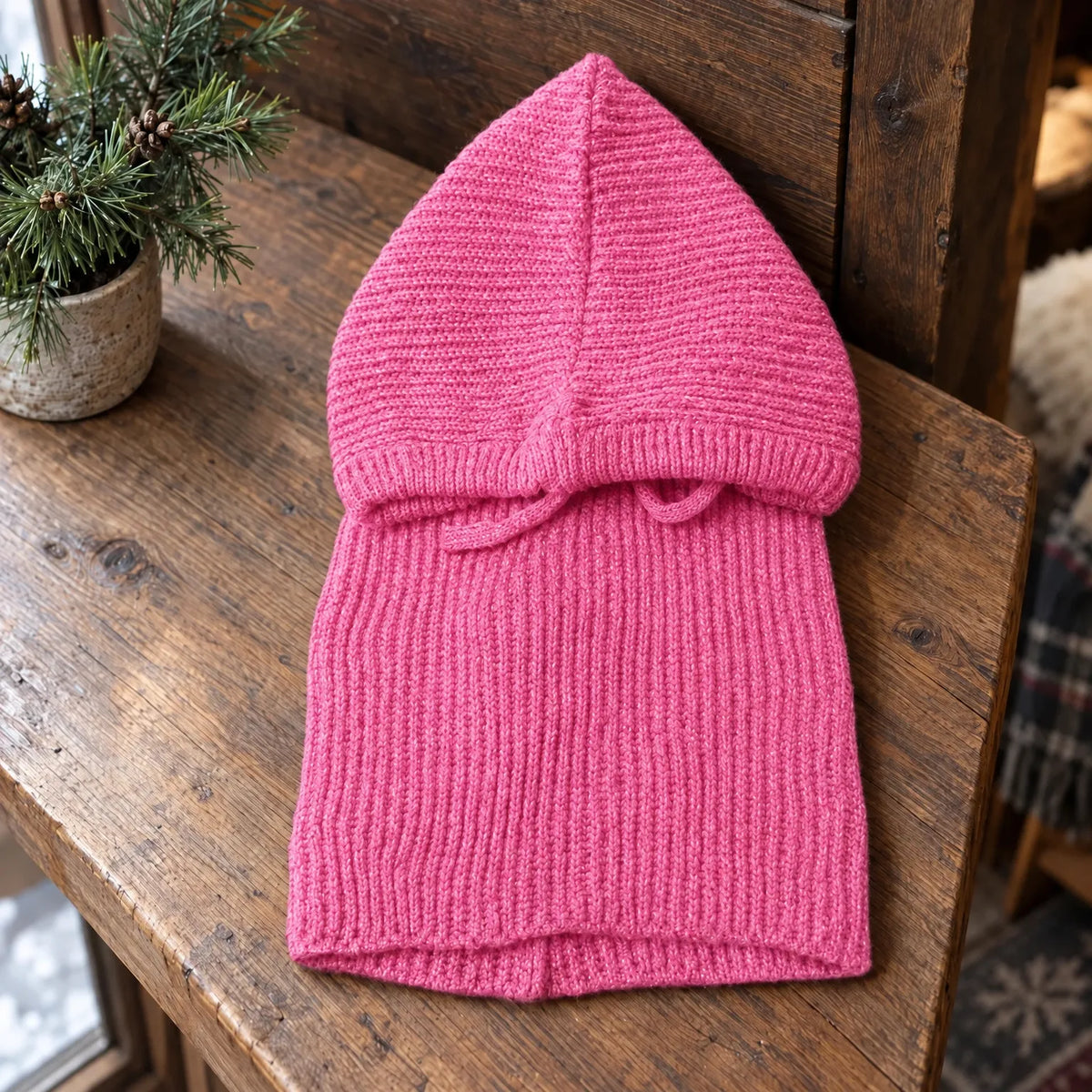 Ribbed Knit Hooded Balaclava Hat