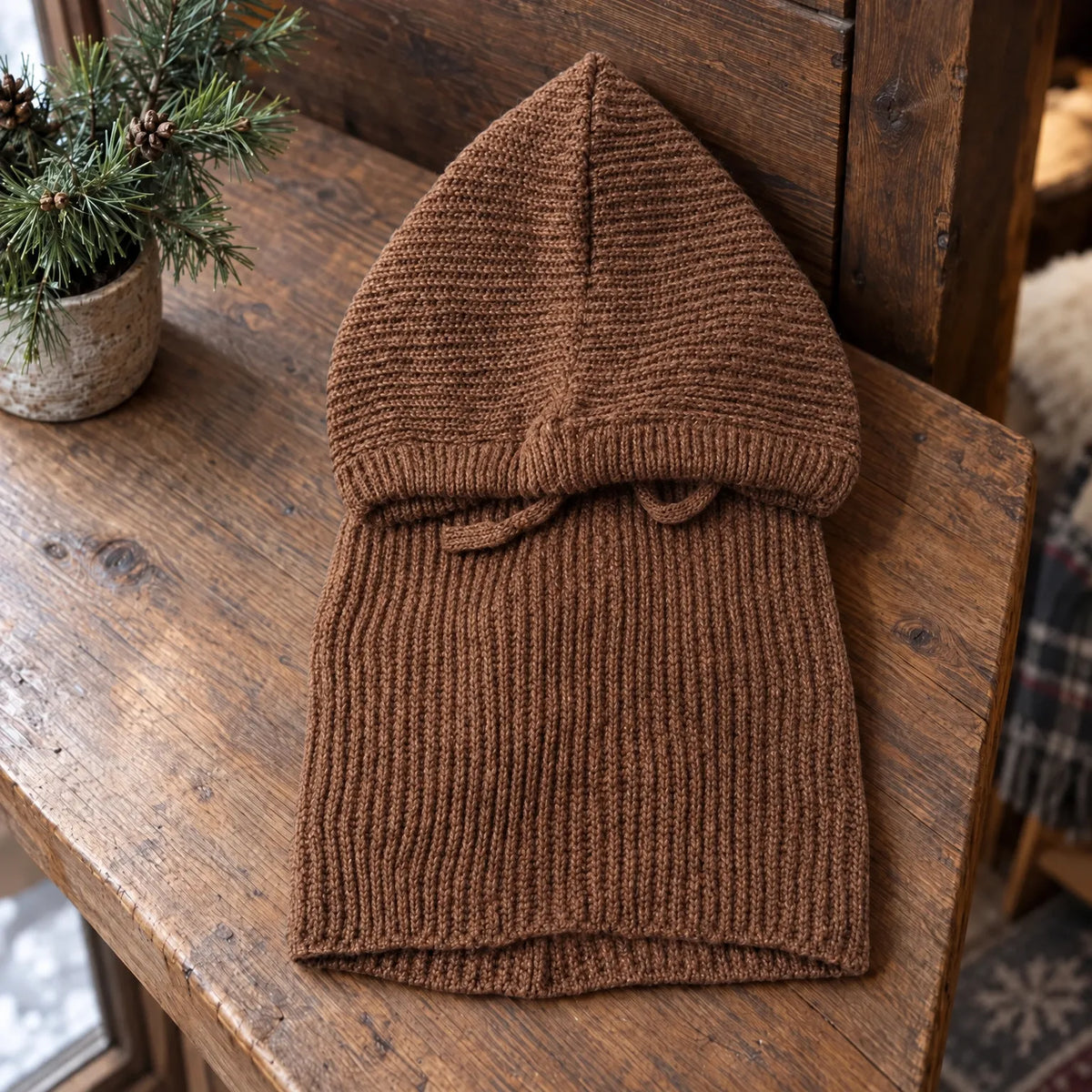 Ribbed Knit Hooded Balaclava Hat