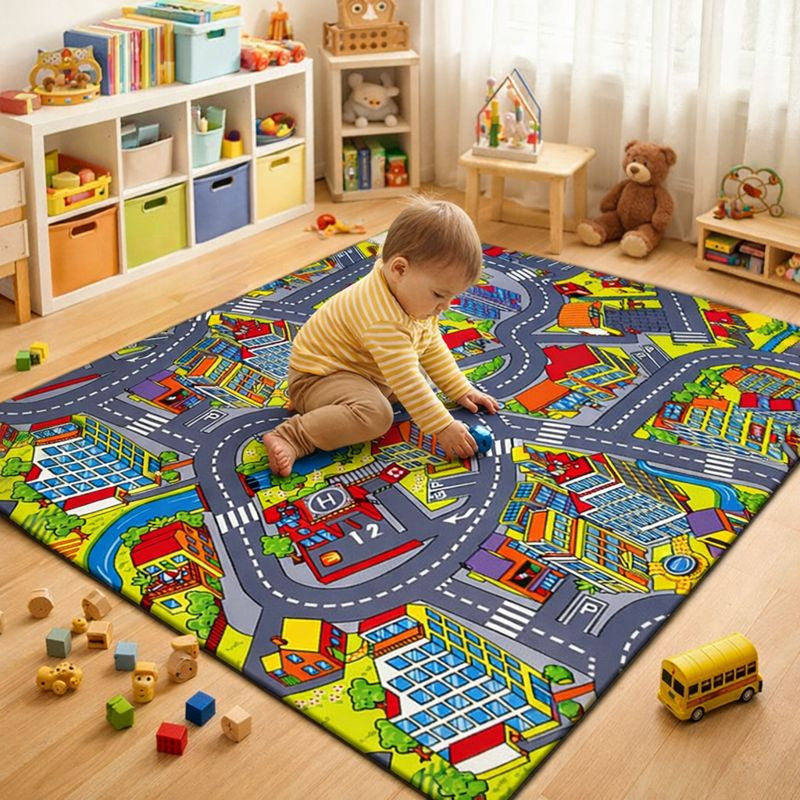 Road Pattern Kids Play Mat Modern Indoor Play Area Rug | Malvero