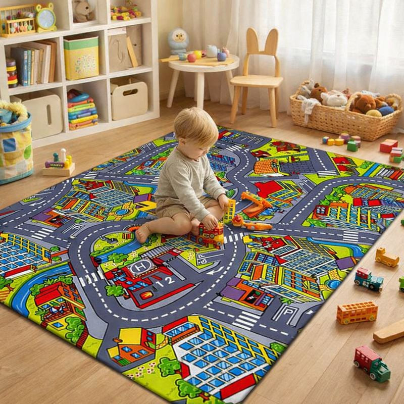 Road Pattern Kids Play Mat Modern Indoor Play Area Rug | Malvero