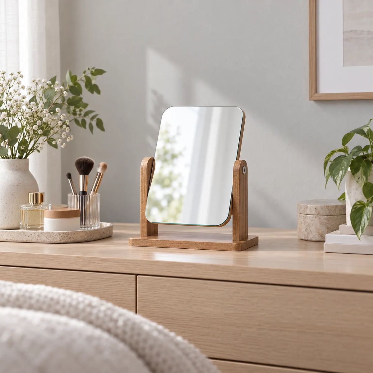 Rotating Vanity Mirror with Wooden Stand