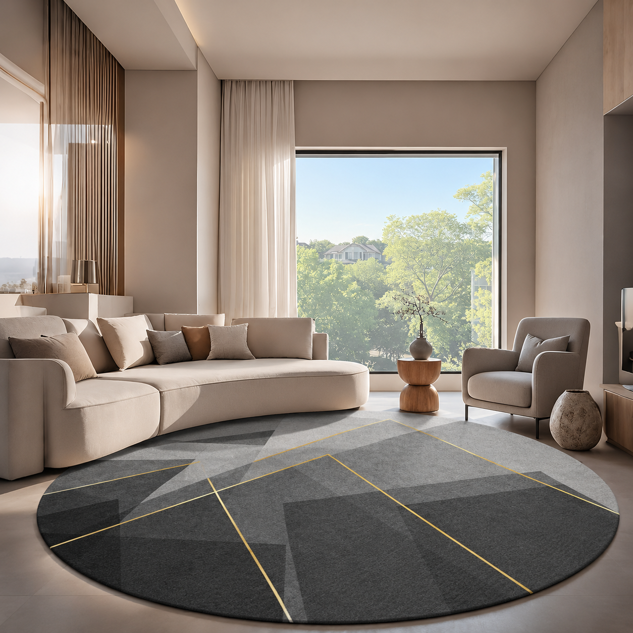Round Geometric Polyester Rug for Modern Living | Maelora