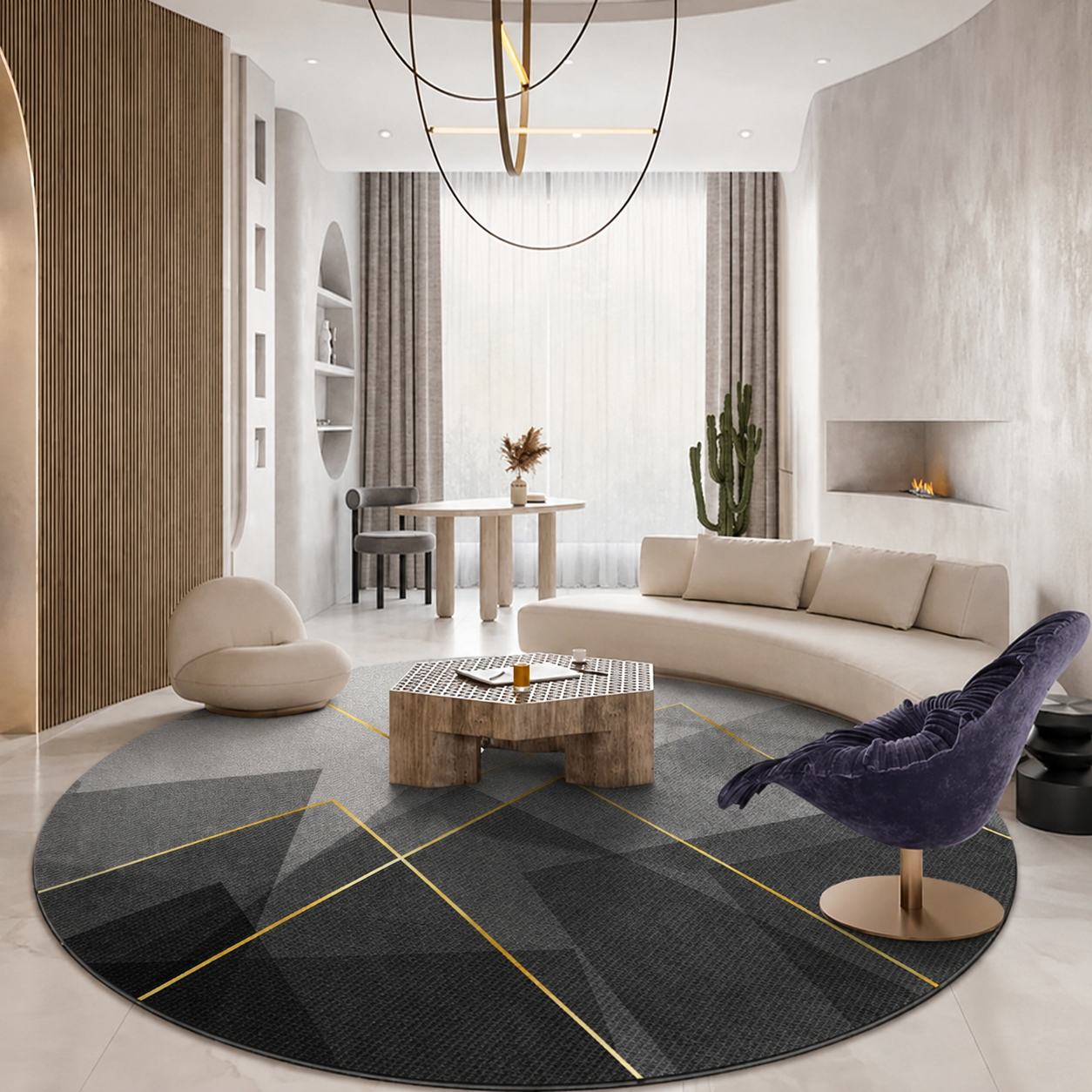 Round Geometric Polyester Rug for Modern Living | Maelora