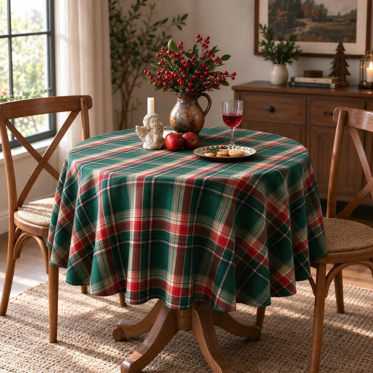 Round Holiday Plaid Dining Tablecloth