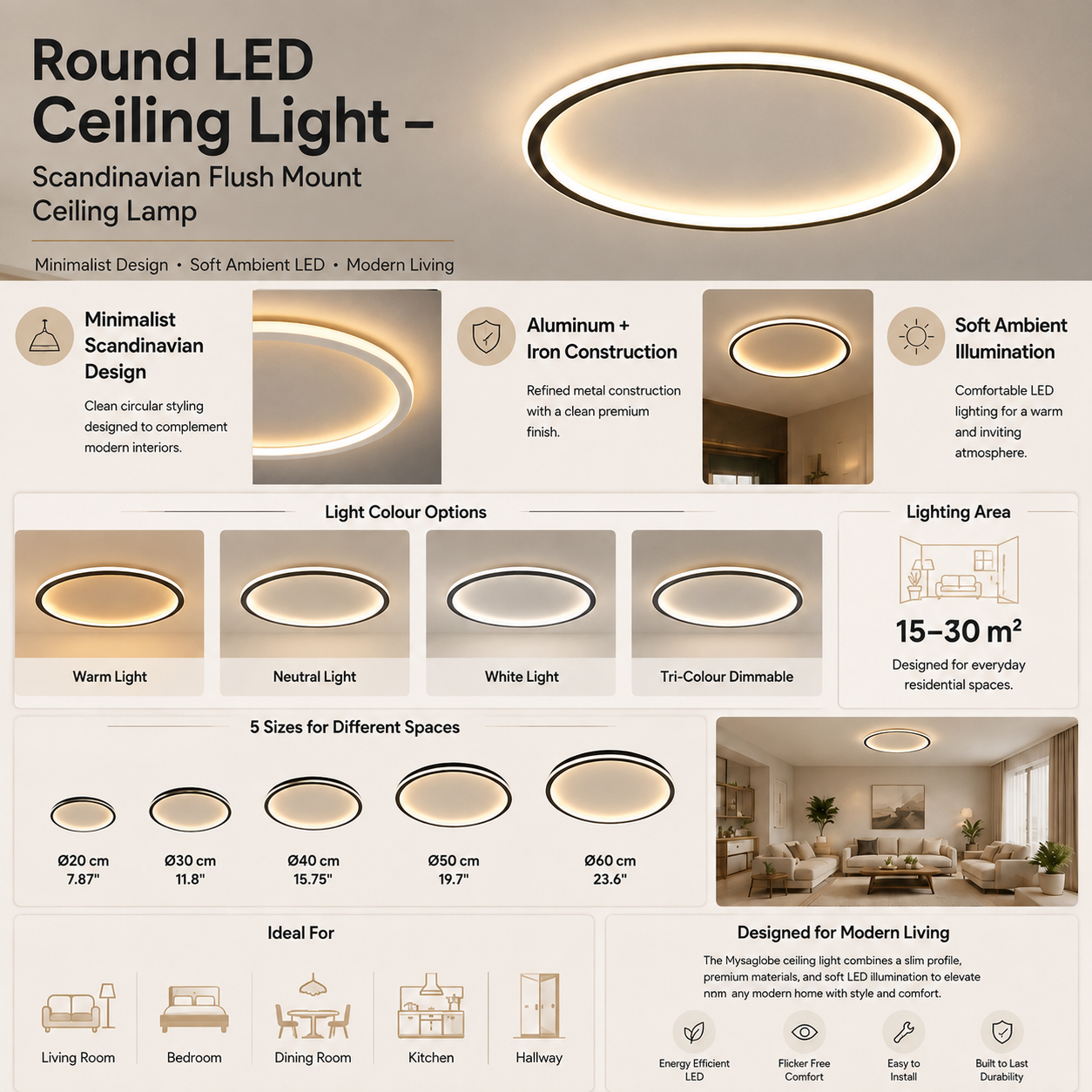 Round LED Ceiling Light – Scandinavian Flush Mount Ceiling Lamp