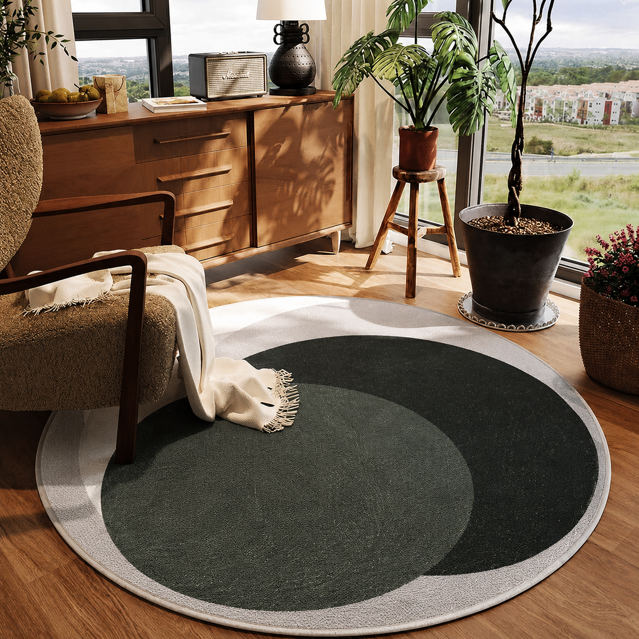 Round Polyester Anti Slip Rug with Circle Design | Norvelle
