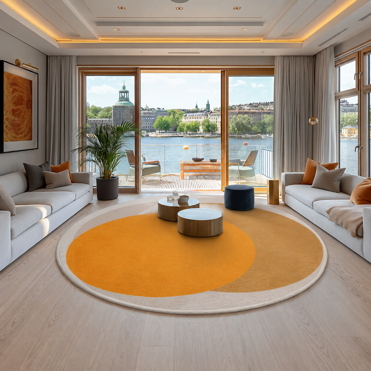 Round Polyester Rug with Anti Slip Overlapping Circles | Marenda