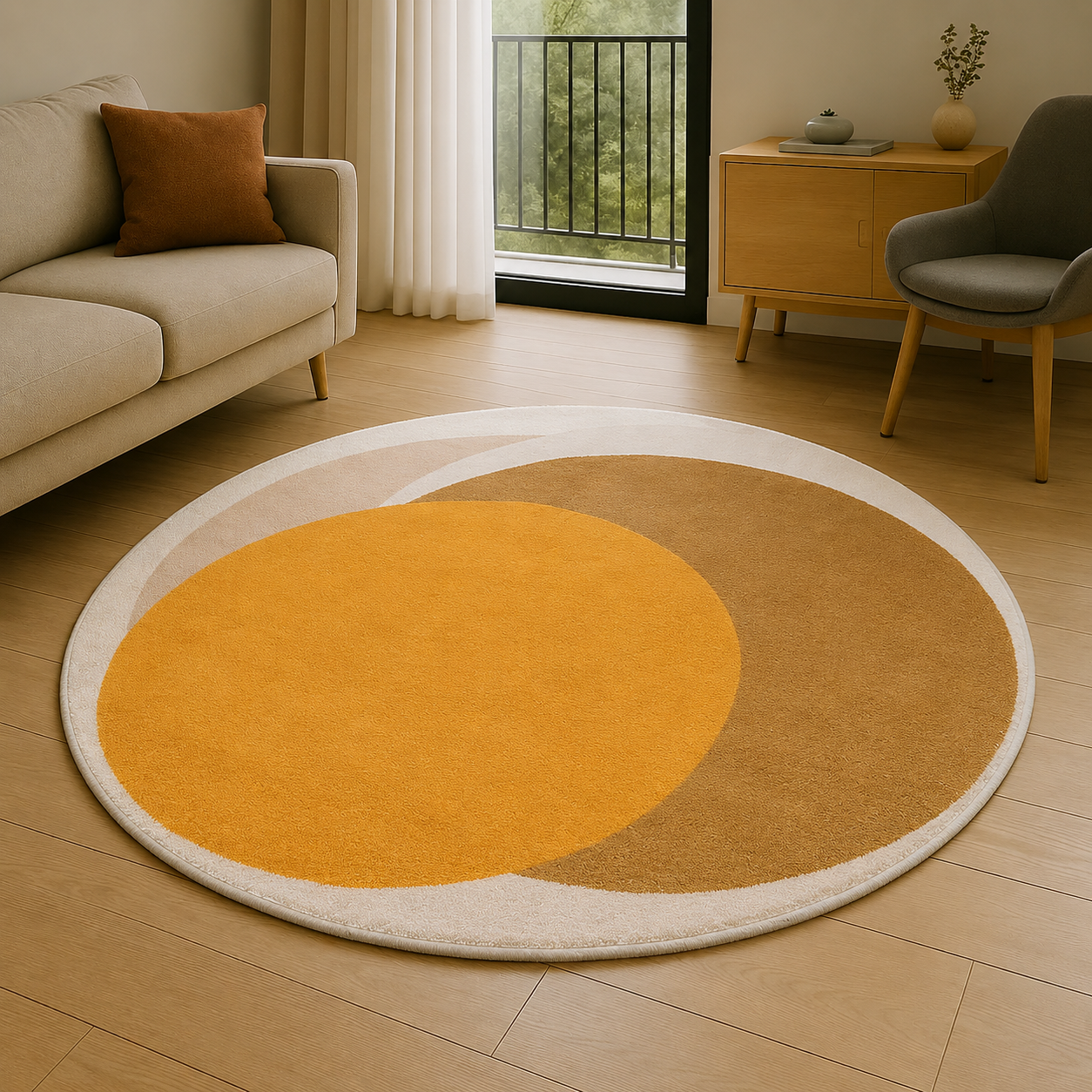 Round Polyester Rug with Anti Slip Overlapping Circles | Marenda